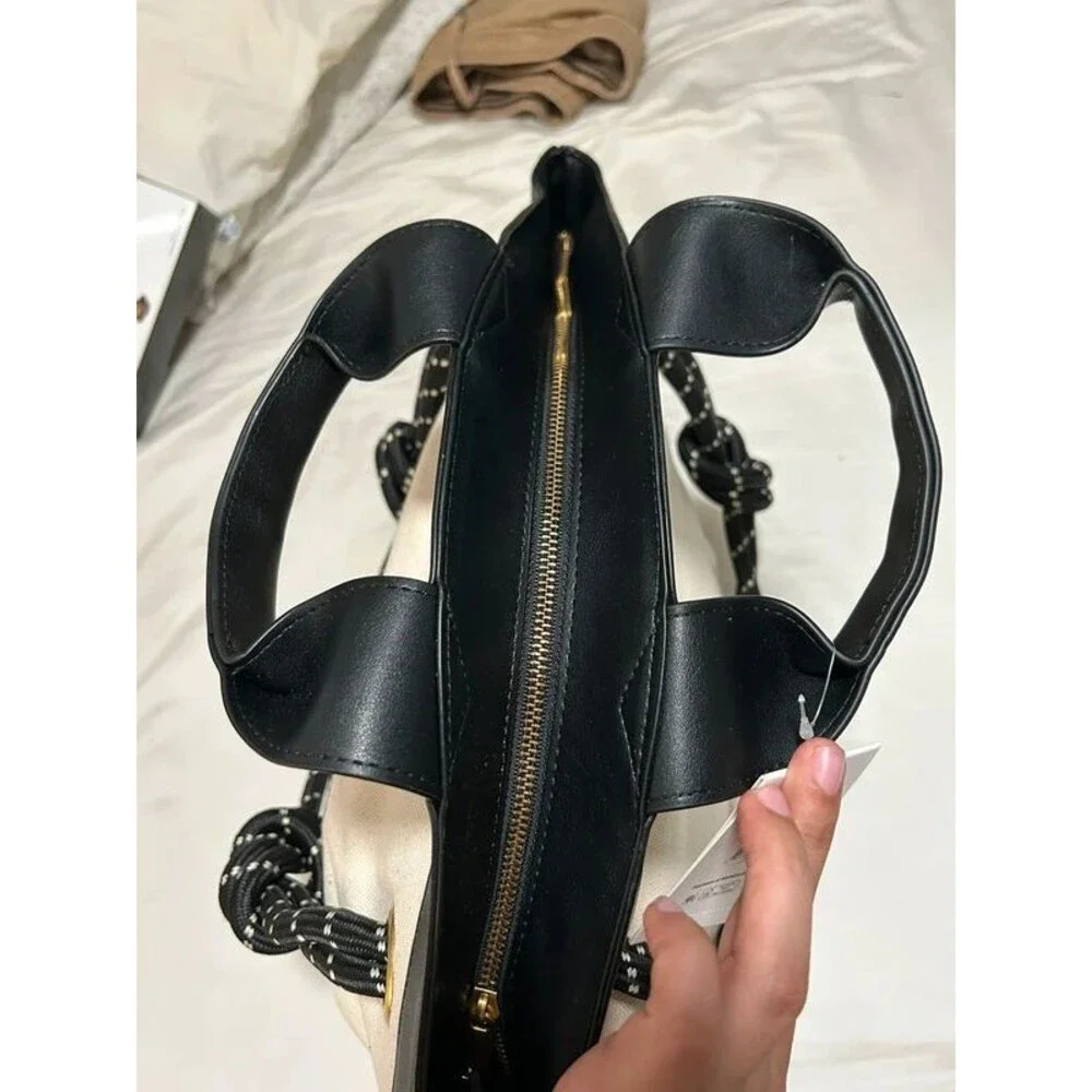 Cream Canvas Tote Bag with Black Leather Trim & Nautical Knot Rope Straps